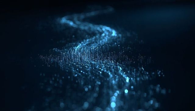 Flowing neon data stream curving across dark digital plane with luminous particle trail