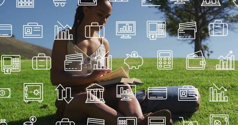 Woman Reading on Sunny Hillside with Finance Technology Overlay