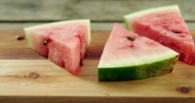 Close-up of fresh watermelon slices on a wooden board. Perfect for promoting healthy summer snacks, recipe blogs, or refreshing meal ideas. Highlights vibrant colors and textures, making it ideal for social media posts, websites, and food photography collections.