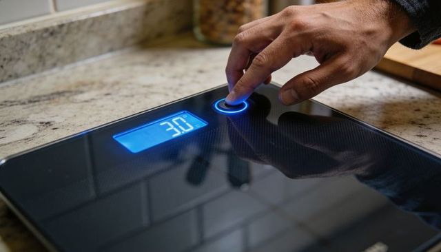 Smart digital kitchen scale with bright blue lcd display and finger pressing power button