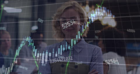 Confident Businesswoman with Financial Data Overlay in Modern Office