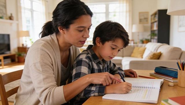 Mother helping son with homework at table, guiding writing and learning in cozy living room