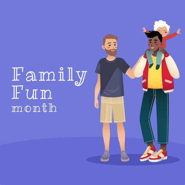 Illustration of multiracial gay couple and son with family fun month text on blue background. copy space, vector, celebration, family, love, enjoyment and togetherness concept.