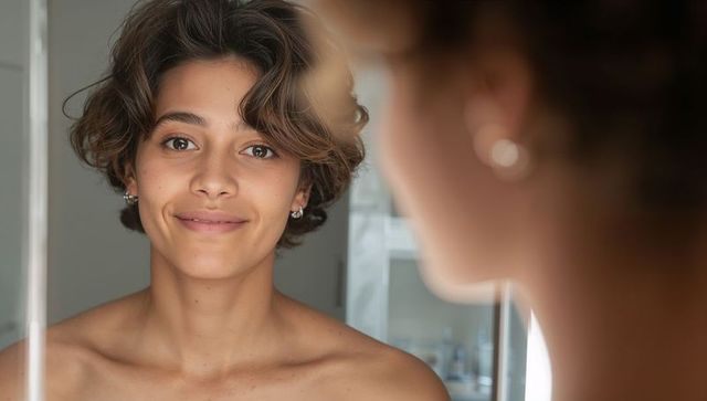 Young woman smiling at mirror during morning skincare routine in natural light, short hair portrait