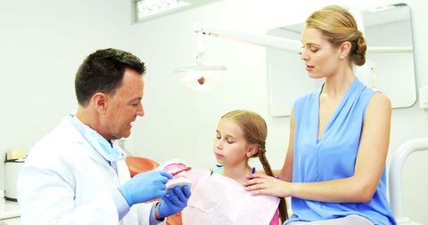 Dentist Demonstrating Brushing Technique to Young Girl and Mother in Clinic - Download Free Stock Images Pikwizard.com