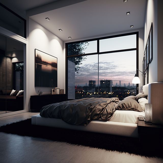Modern bedroom features large floor-to-ceiling windows showcasing city skyline at dusk, surrounded by ambient lighting in minimalist decorated interior. Ideal for articles on interior design trends, urban living inspirations, luxury home magazines, and real estate advertisements.