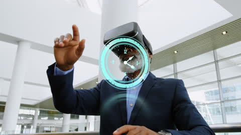 Businessman Interacts with Virtual Reality Clock Interface