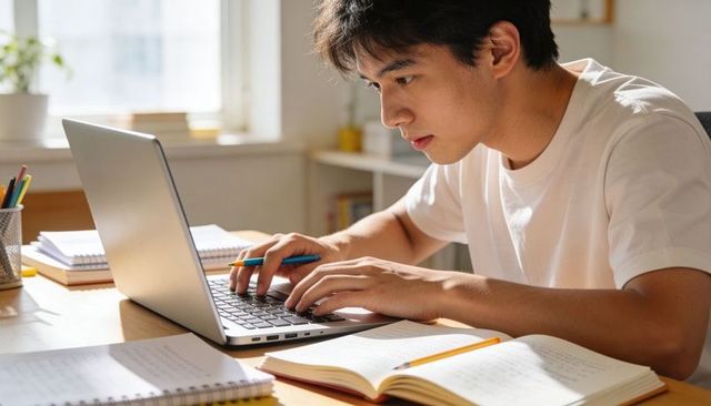Asian student studying on laptop at sunlit home desk with notebooks and pencil