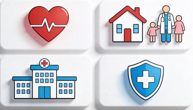 Healthcare icon grid featuring heart ecg, home doctor with family, hospital, shield