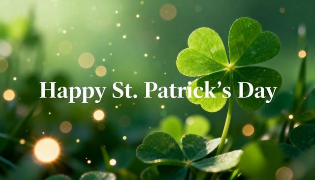 Happy st. Patrick's day greeting featuring glowing four-leaf clover, backlit bokeh meadow