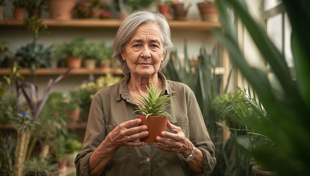 Senior woman cradling small potted succulent in greenhouse nursery, indoor gardening care
