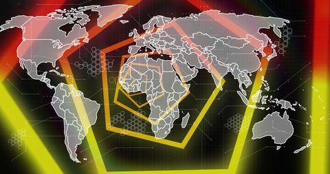 World Map Overlay with Neon Geometric Shapes