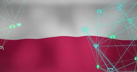 Waving duotone fabric banner featuring cyan network mesh and connected tech icons