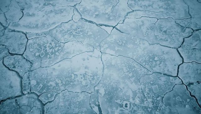 Cracked frozen pond surface with polygonal ice plates and dark fissures — winter texture