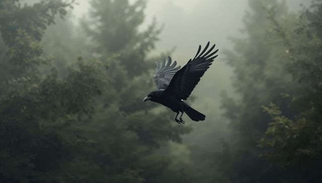 Majestic Black Raven Gliding in Misty Conifer Forest