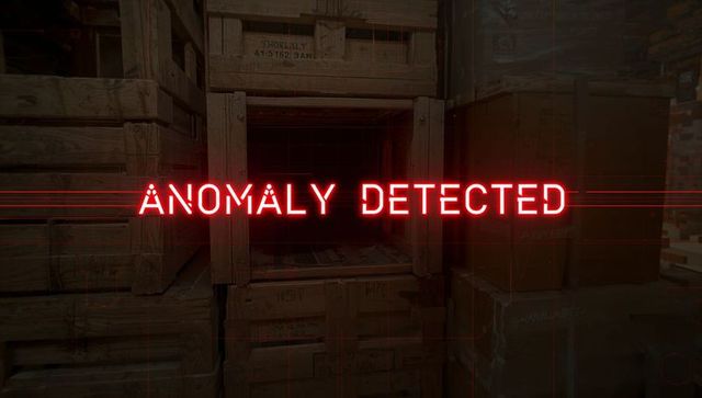 Red Neon 'ANOMALY DETECTED' Overlay in Industrial Warehouse Aisles with Wooden Crates