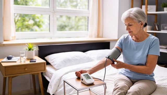 Senior woman measuring blood pressure at home with digital monitor in bright bedroom