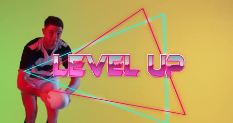 Energetic Animation Showing Rugby Player with Level Up Text