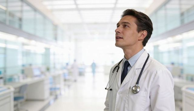 Male doctor standing in modern hospital corridor looking upward holding stethoscope