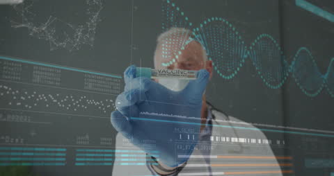 Doctor Holding Vaccine with Digital DNA Interface Overlay