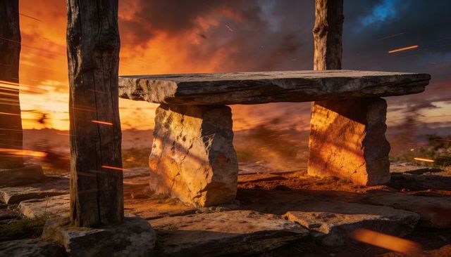 Sunset backlit weathered stone bench on rocky slab casting shadows with drifting embers