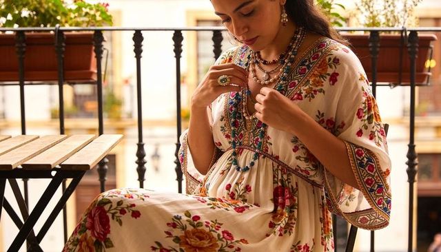 Woman adjusting layered beaded necklaces on sunlit balcony wearing floral boho dress