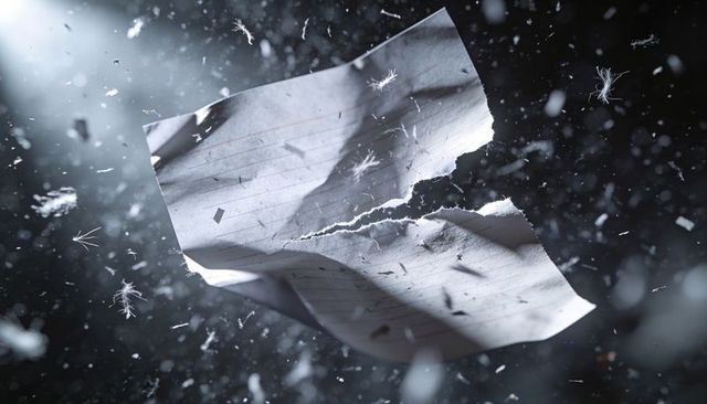 Torn lined notebook sheet floating in dusty light, ruptured paper levitating dark