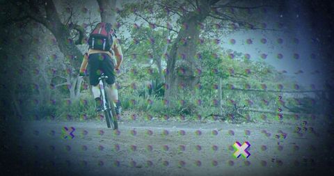 Cyclist Adventuring Through Forest With Glitch Art Style