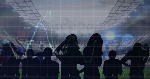 Financial Graphs Over Silhouettes of Fans in Stadium