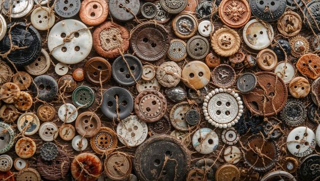 Assorted vintage buttons collage with twine, carved details and patina texture