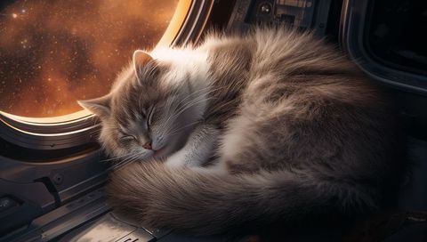 Sleeping longhaired grey cat curled by spacecraft porthole with nebula and stars