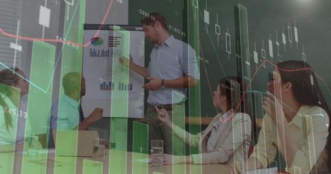 Business presentation amidst financial data motifs