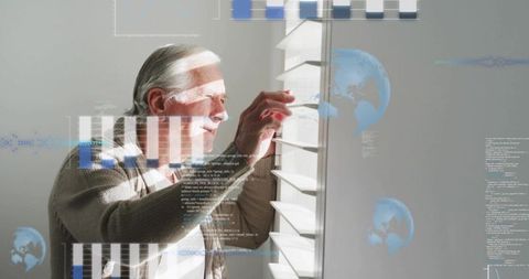 Senior man adjusting blinds with digital data overlay for smart home health and safety
