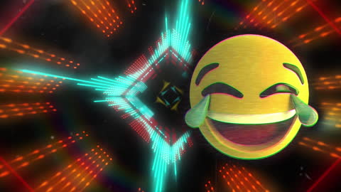 Smiling Emoji with Tears in Digital Futuristic Tunnel