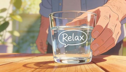 Hand placing glass of water with relax graphic on wooden table in sunlit kitchen
