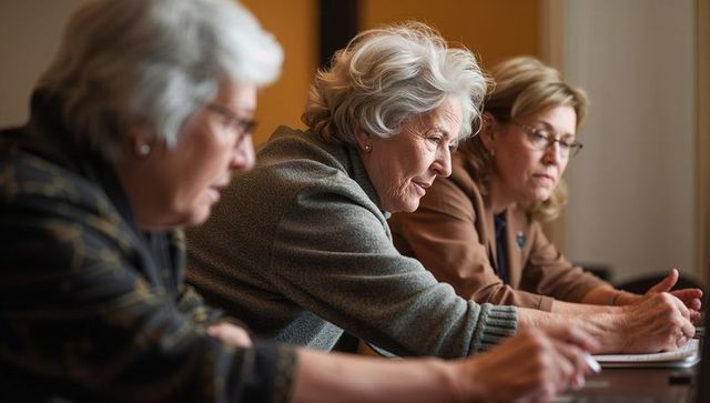 Senior woman reviewing documents at boardroom table showing focused leadership and collaboration