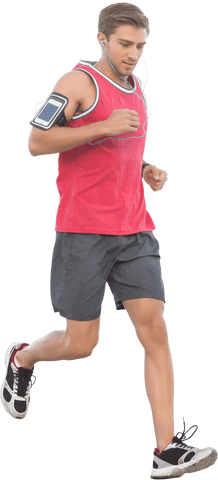 Caucasian man jogging with earphones on transparent background