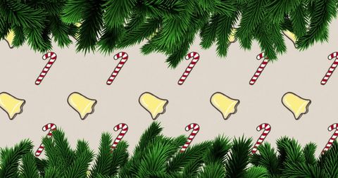 Festive Christmas Bells and Candy Canes Background with Fir Branches