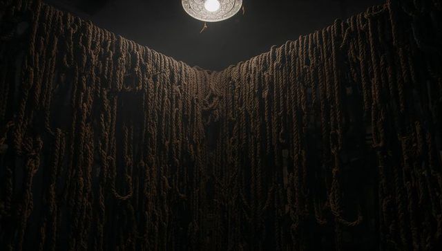 Hanging braided rope curtain in dim corner casting warm lamp glow and deep shadows