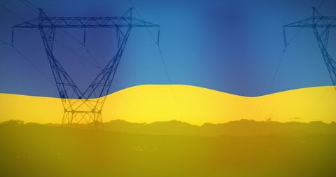 Ukrainian Flag with Power Lines Highlighting Energy Crisis
