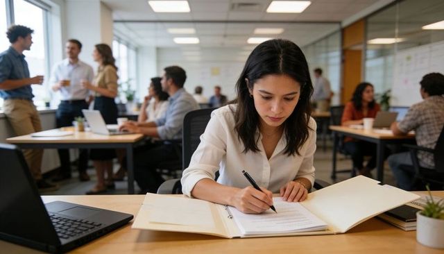 Focused young woman writing and organizing paperwork at modern open-plan office desk