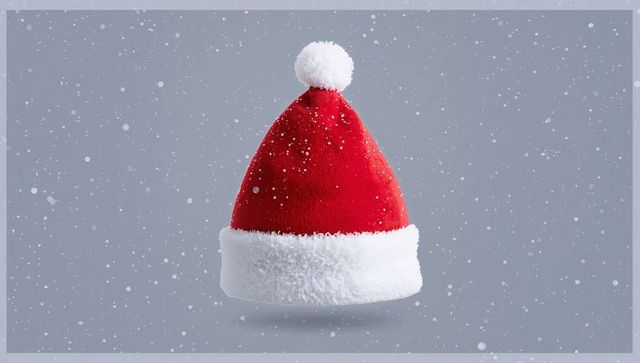 Floating santa hat with snowfall and soft shadow minimal festive holiday background