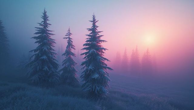 Mystical Frosty Dawn in Tranquil Forest Landscape