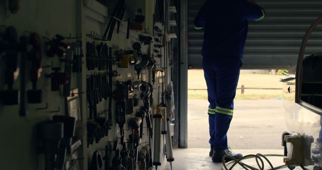 Mechanic Standing in Garage Near Tool Wall Looking Outside - Download Free Stock Images Pikwizard.com