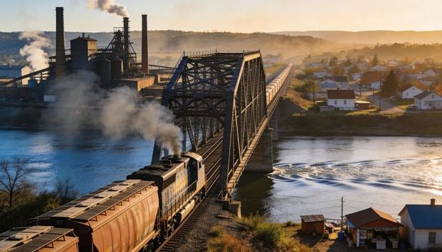 Diesel freight locomotive crossing steel truss bridge over river at golden hour