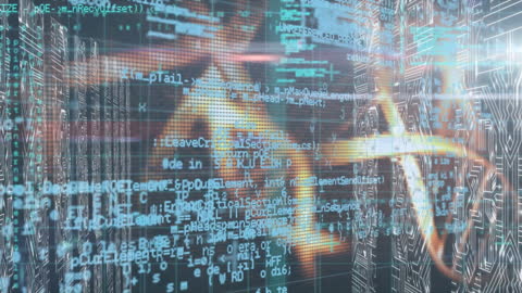Digital DNA Helix with Data Code Overlay