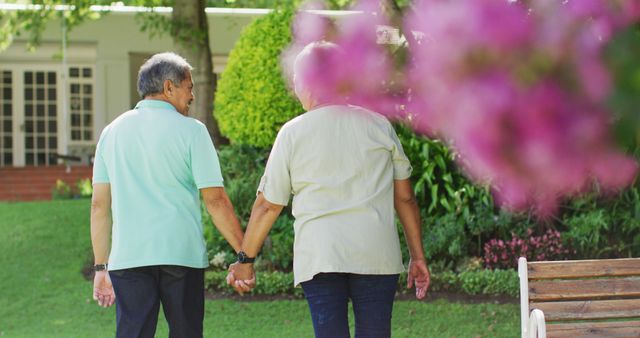 Image of back view of biracial senior couple holding hands in garden. active retirement lifestyle, senior relationship and spending time together concept.