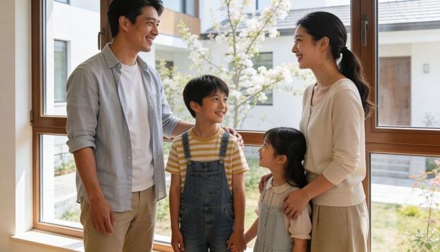 Asian family sharing joyful moment by bright wooden window with natural spring light in modern minim