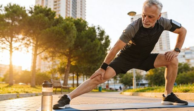 Senior man stretching in urban park at sunrise — warming up for outdoor workout