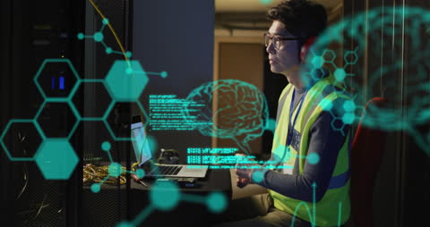 Tech Engineer Analyzing AI Data in Server Room